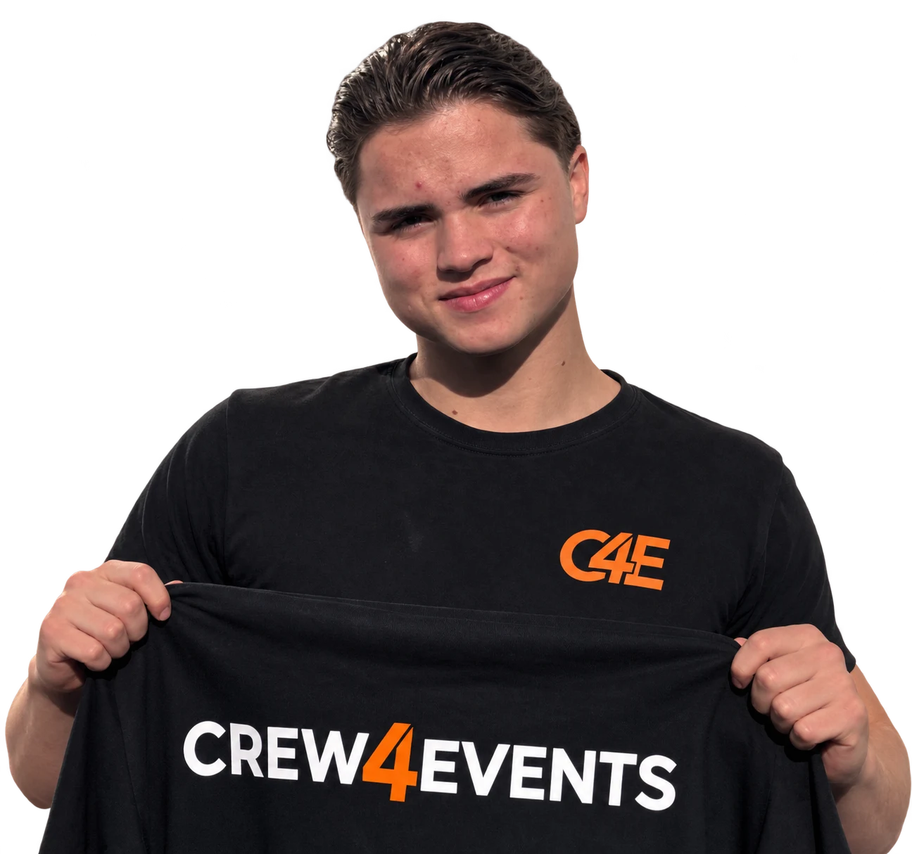 Onze collega houdt een Crew4Events-shirt voor zich — kom bij onze crew